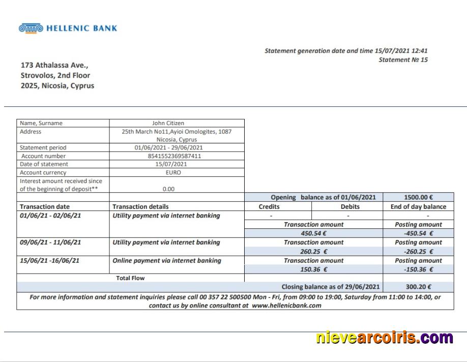 Cyprus Hellenic bank statement in Word and PDF format